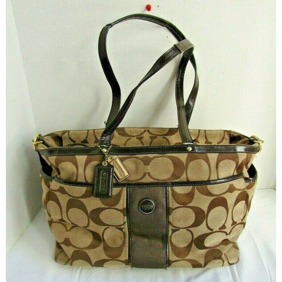 Coach Handbags - Authentic Coach 21865 Signature Stripe Brown Khaki Diaper Travel Weekender Bag